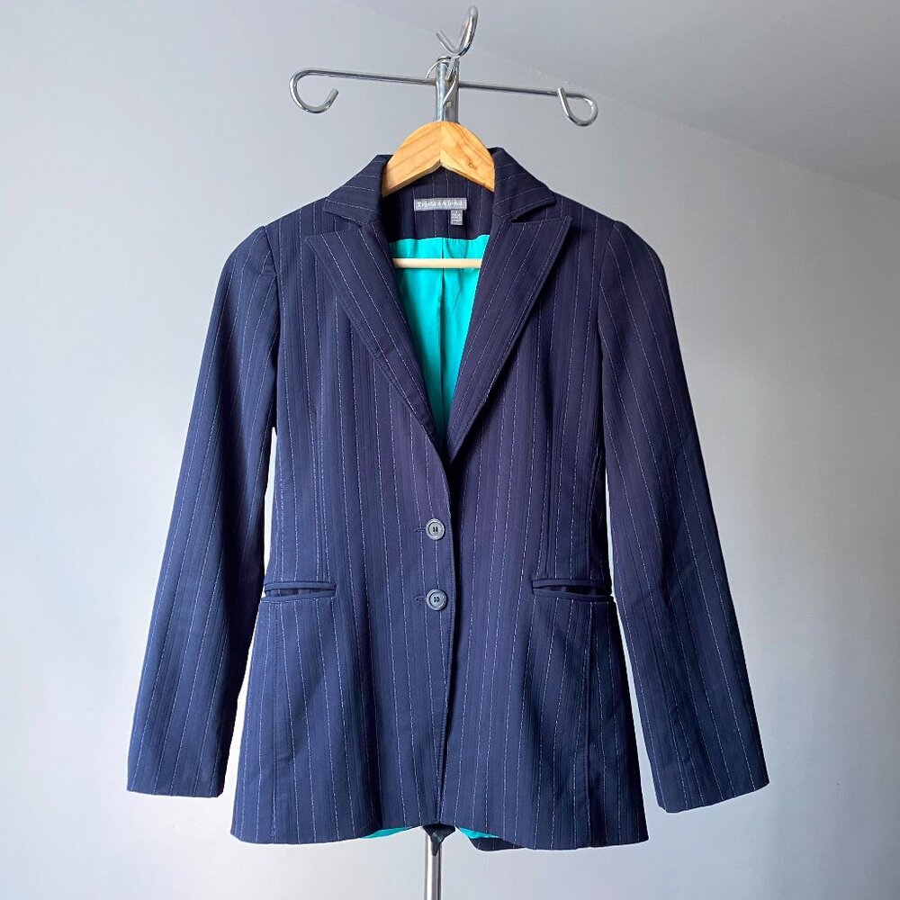 🍂 Chic Classic Y2K Vintage Navy Semi-Fitted Pinstripe Blazer